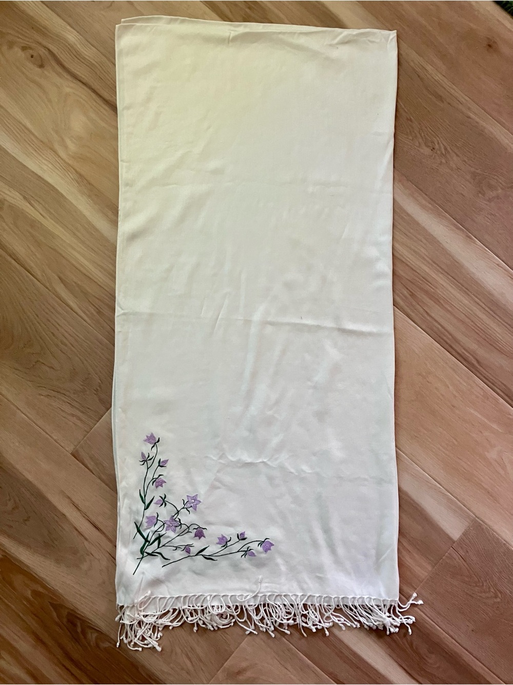 Large Stole / Wrap soft viscose Cream with Purple Floral Embroidery